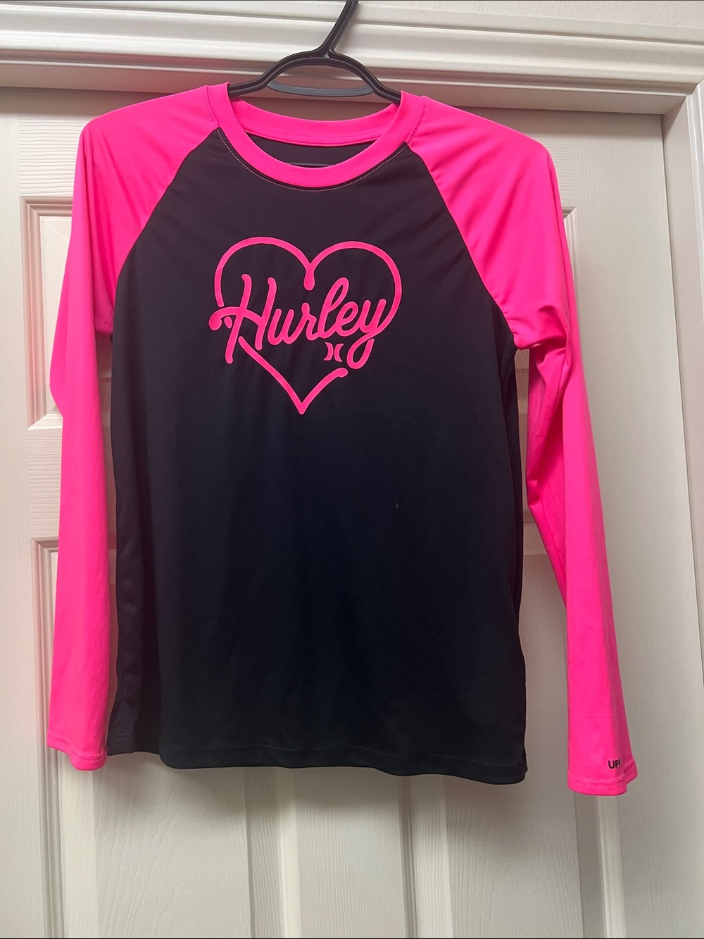 Hurley Black and Hot Pink Raglan Long Sleeve Rash Guard